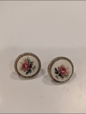 Porcelain Pink Rose Floral Stud Earrings with Gold-Tone Trim
